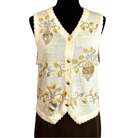 Vintage Arriviste Ugly Christmas Sweater Vest Adorned w. Silver & Gold Medium - Picture 1 of 14